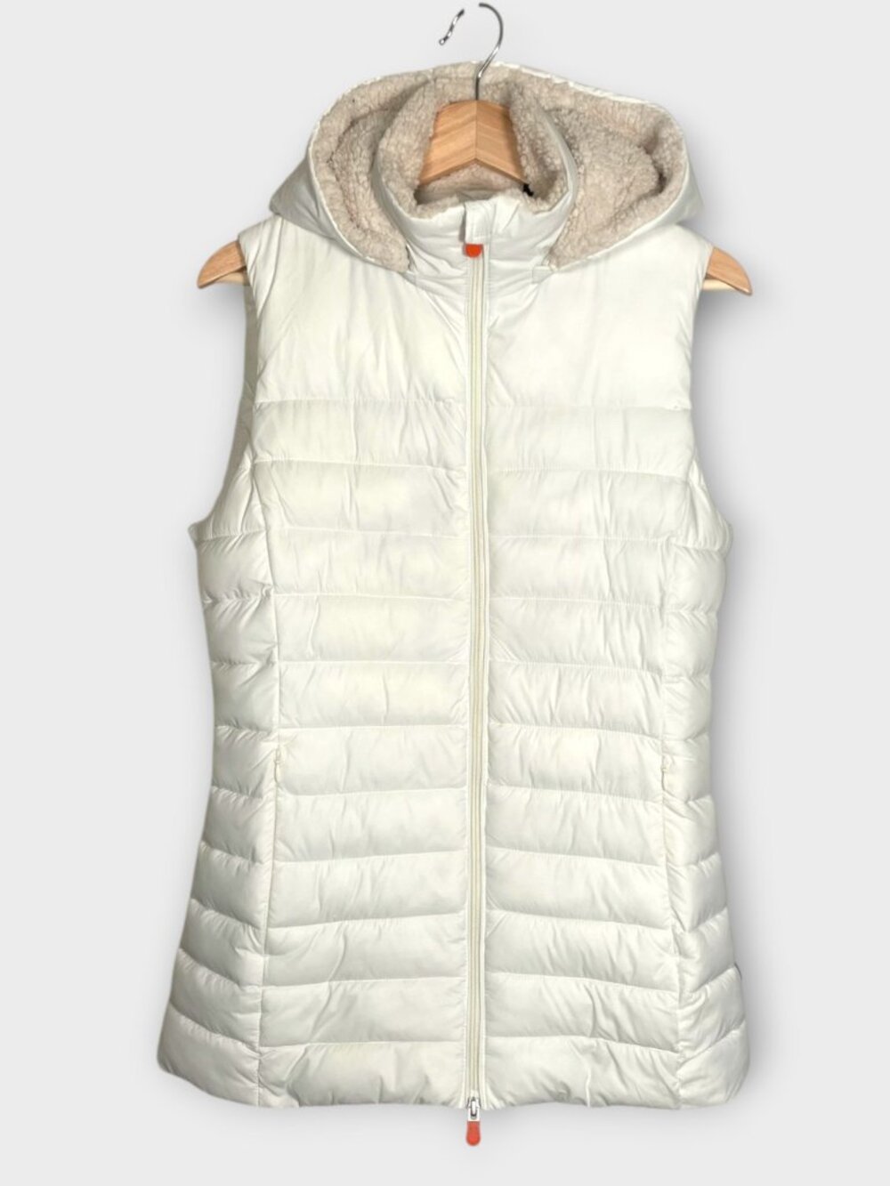 SAVE THE DUCK Long Puffer Vest Womenโs 1 / SMALL White Sherpa Trim Hood Pockets